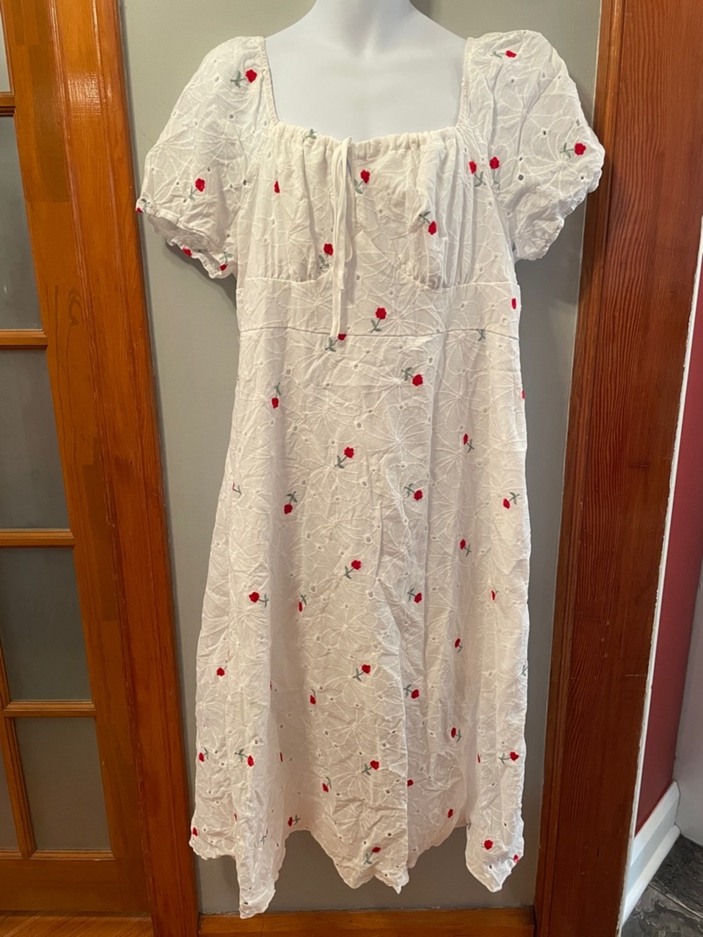 Babydoll Eyelet Coquette Milkmaid Midi Dress White w Red Floral Rose Embroidery